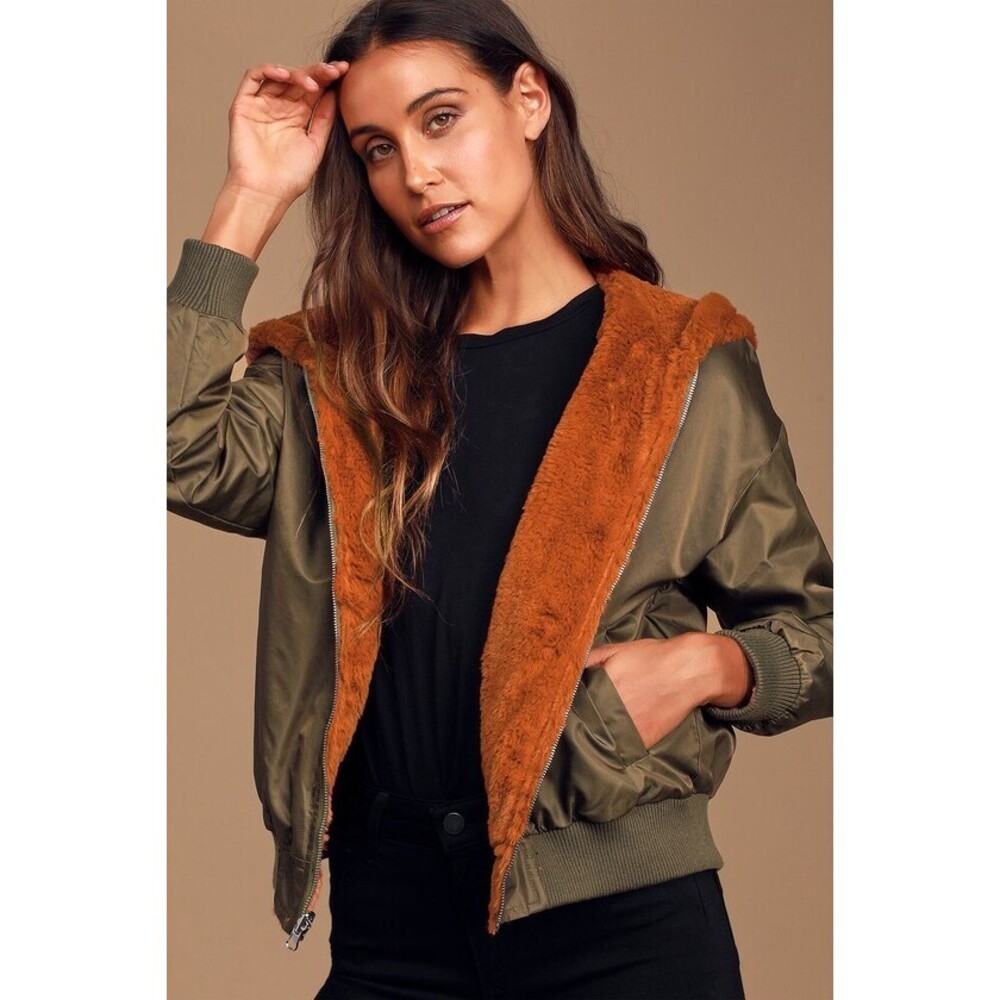 Lulus Top Notch Olive Green Faux Fur Reversible Bomber Jacket - Size S